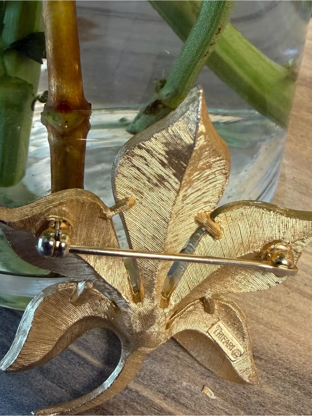 Vintage signed Crown Trifari Brushed Gold-tone Faux Pearl Flower Leaf Brooch Pin